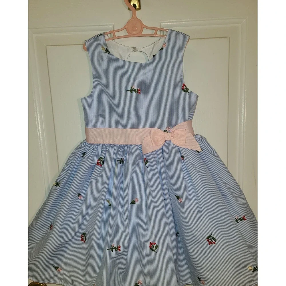 Zunie Sleeveless Floral Embroidered Petticoat Blue Stripe Pinstripe‎ Dress Sz 5